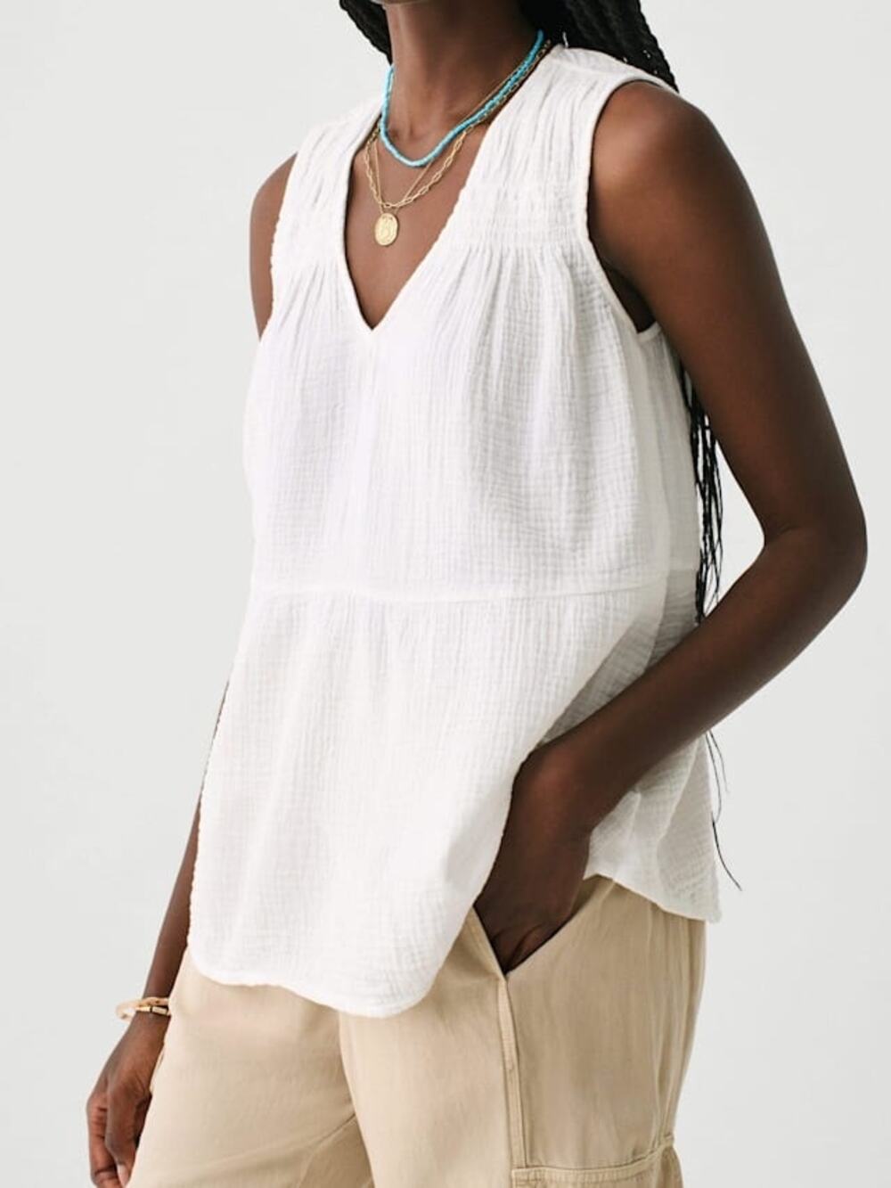 NWT Faherty White Dream Cotton Gauze Ainsley Sleeveless Blouse Minimalist Large